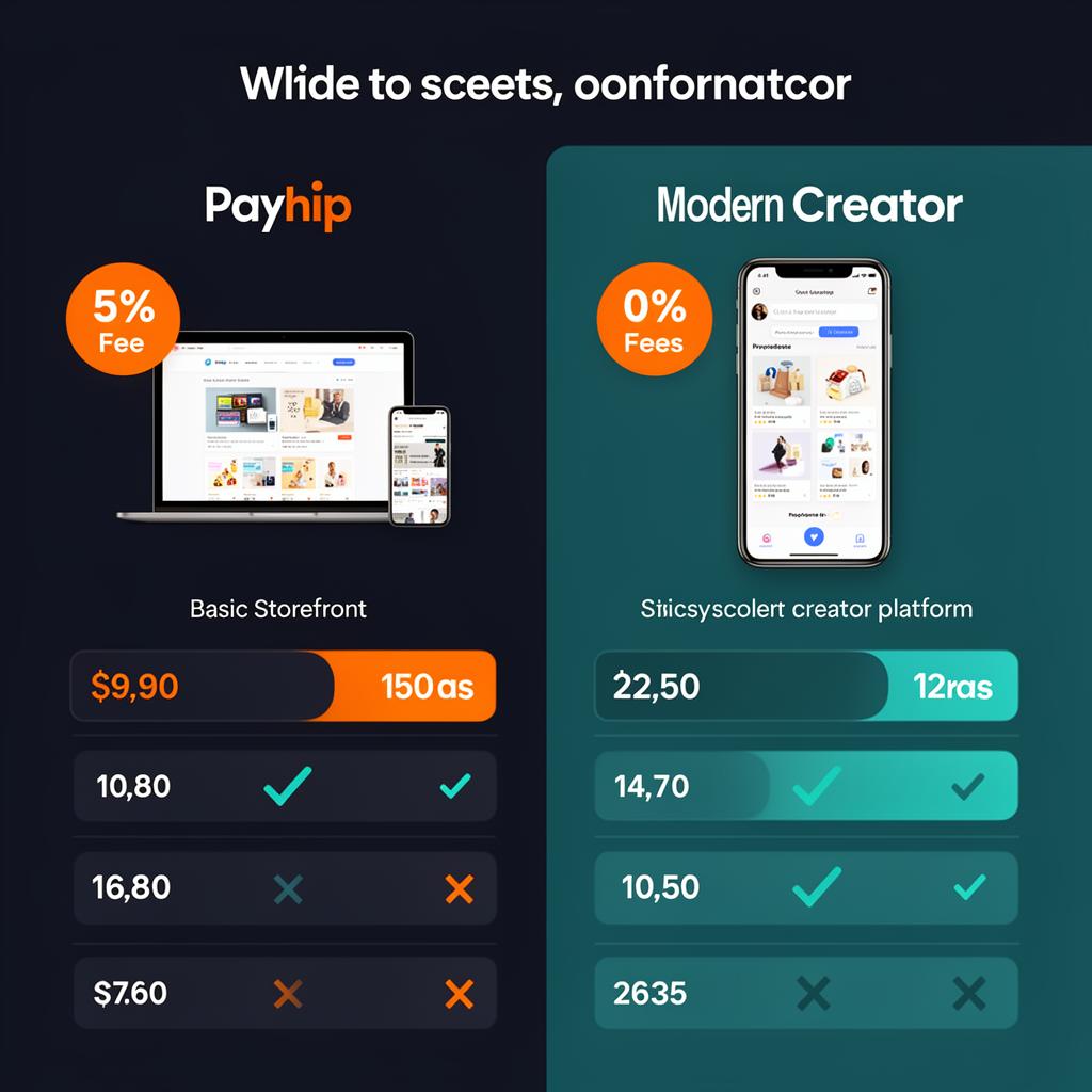 Side-by-side comparison of Payhip and Creastor showing pricing tiers fee structures and storefront design differences for digital product creators