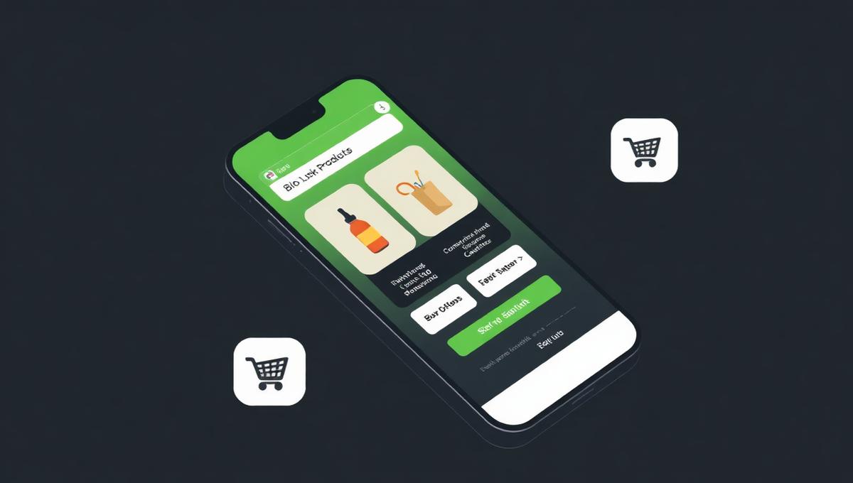 Mobile phone showing an optimized bio link storefront with featured products and one-tap checkout