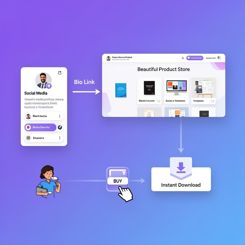 Diagram showing creator bio link flow from social media profile to product store to checkout to instant digital download