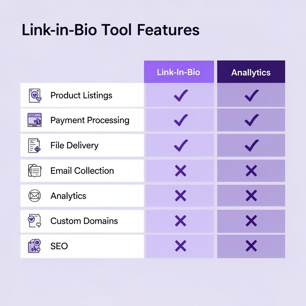Feature comparison infographic of link-in-bio tools showing product listings payment processing file delivery email collection analytics custom domains and SEO capabilities