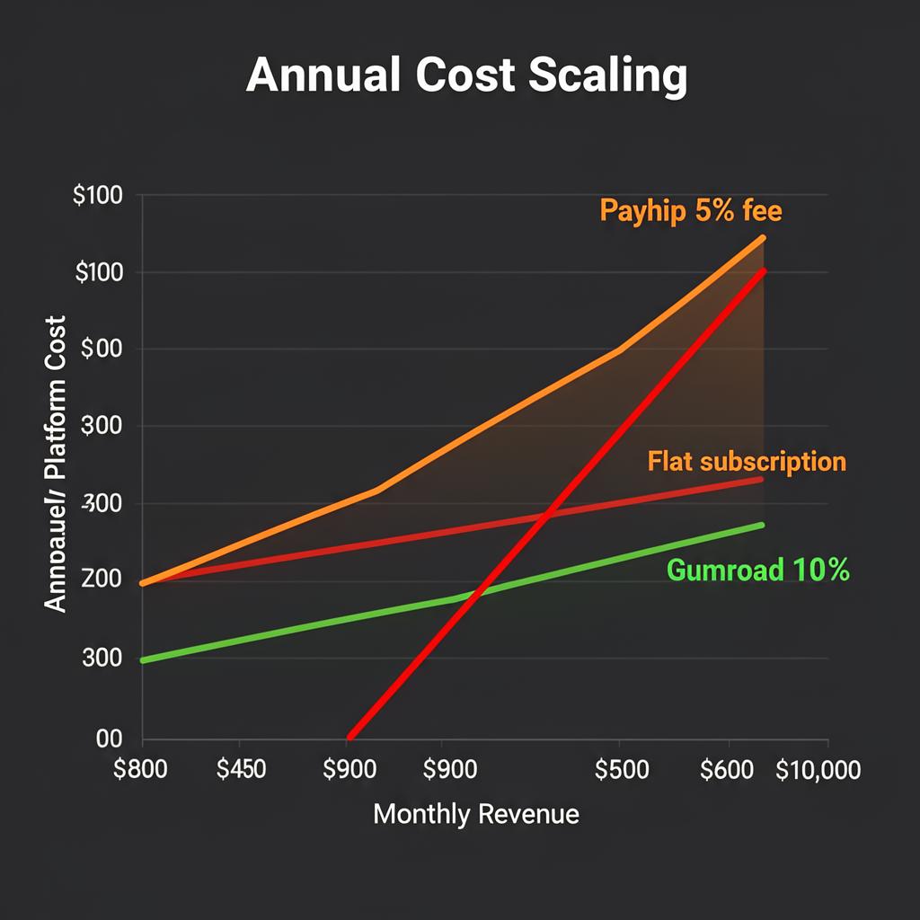 Annual cost comparison showing Payhip's 5 percent transaction fee versus flat monthly subscription alternatives at different revenue levels