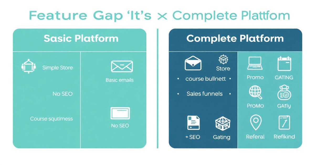 Infographic showing the feature gap between Stan Store and Creastor across commerce email marketing SEO and safety categories