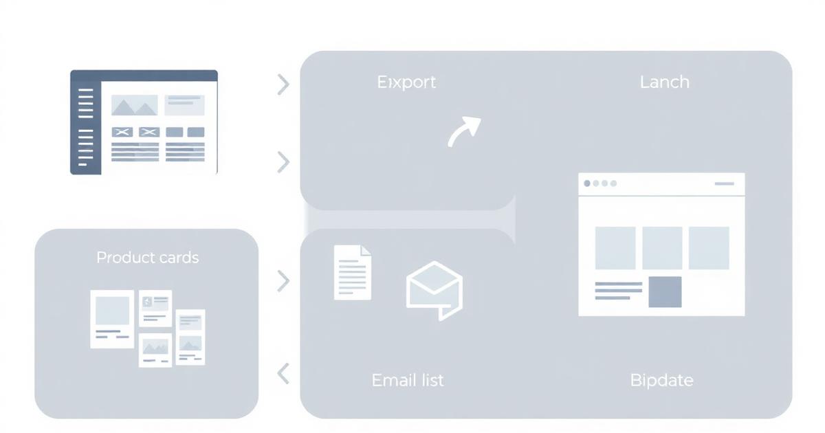 Step-by-step migration flow from Sellfy dashboard to Creastor storefront showing product export email list transfer and bio link update