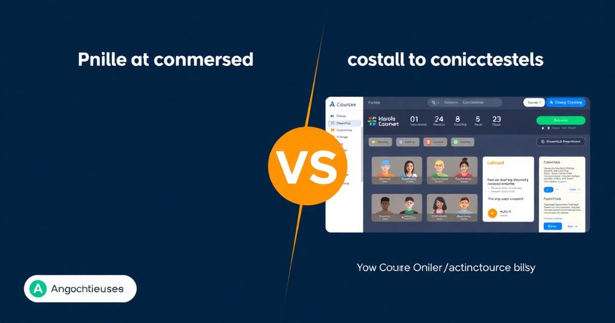 Side-by-side view of basic course builder interface versus a full-featured course platform with student progress tracking and completion certificates