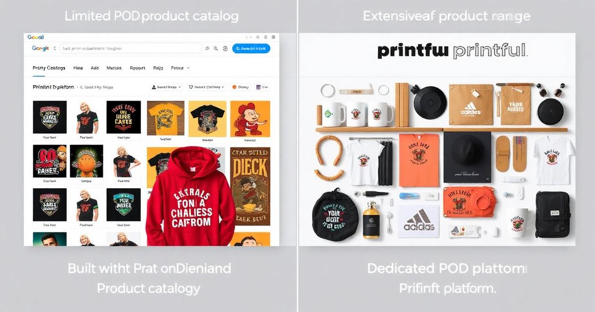 Split comparison showing Sellfy built-in print-on-demand interface versus dedicated POD platforms like Printful with product catalog and quality differences