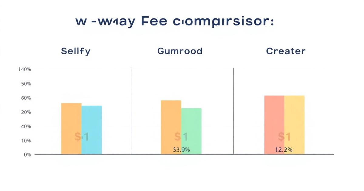 Three-way fee comparison chart showing Sellfy Gumroad and Creastor total annual costs at different revenue levels for digital product creators
