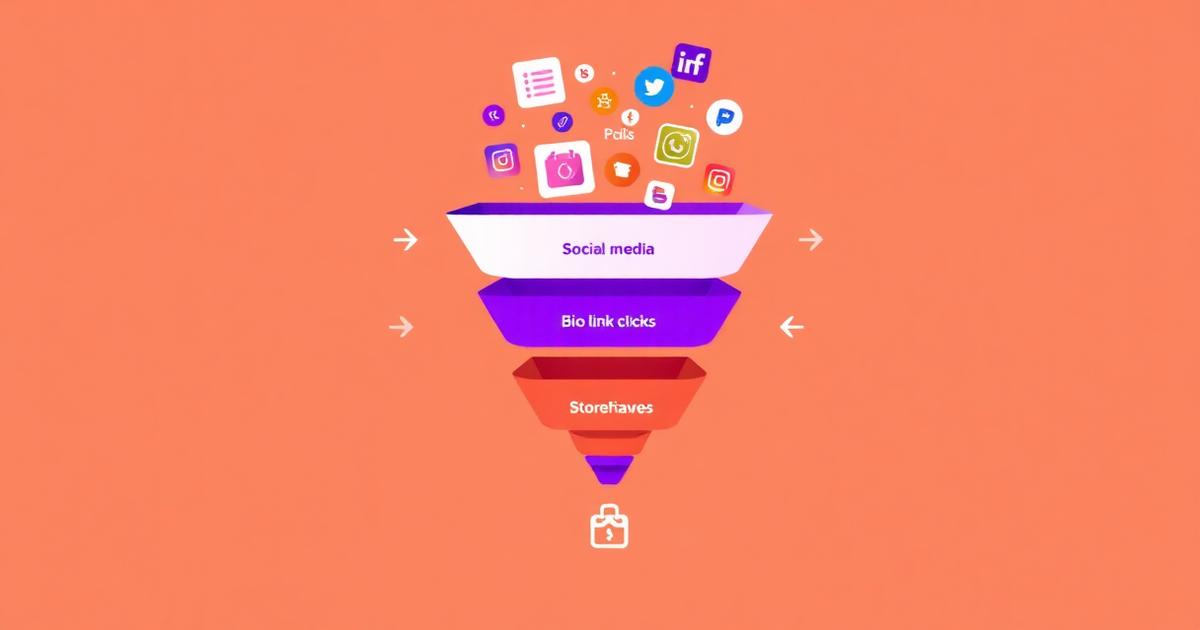 Sales funnel diagram showing how social media content leads to bio link clicks product views and digital product purchases